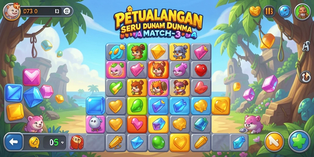 Screenshot D73 menunjukkan momen seru mencocokkan objek di gameplay Match-3.