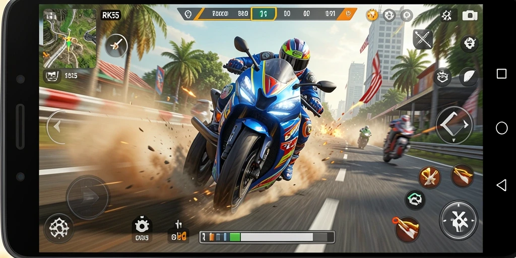 Tampilan gameplay RK55 yang mendebarkan saat balapan motor.