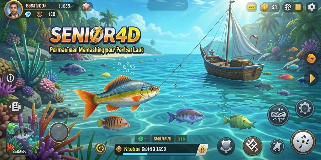 Tampilan screenshot utama SENIOR4D menampilkan aksi memancing yang mendebarkan.