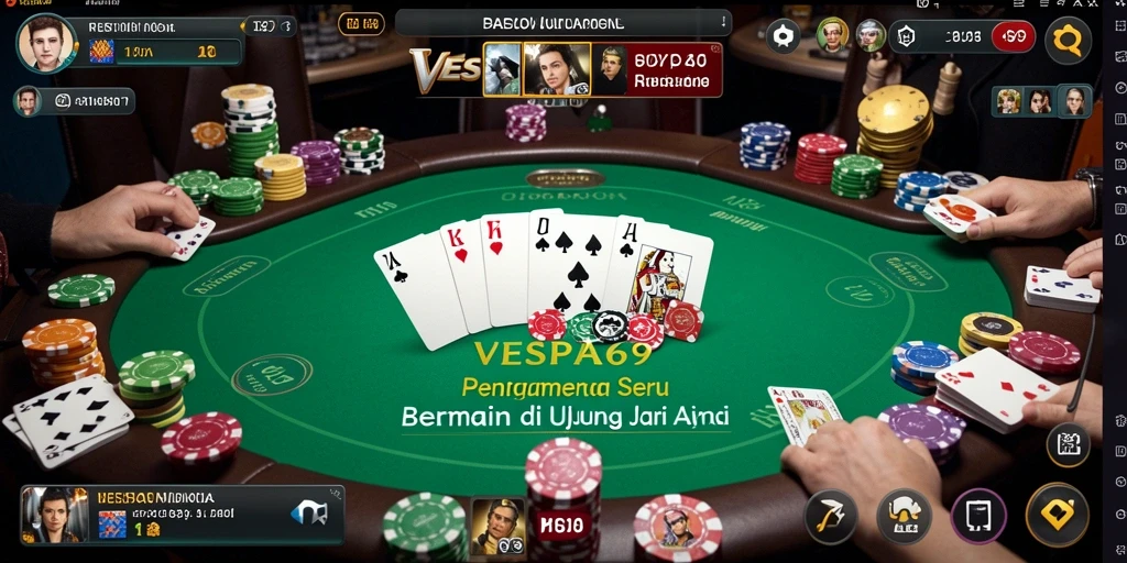 Screenshot gameplay VESPA69 menampilkan kartu poker dan suasana meja.